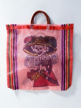 Authentic Mexican Mercado Bag | La Catrina Mesh Tote | Pink Multi-Stripe.
